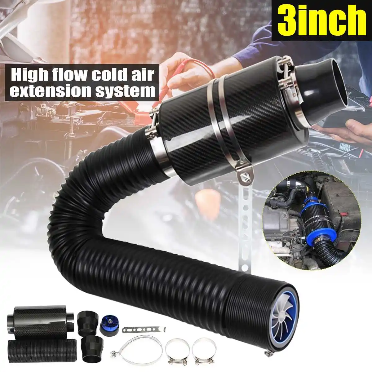 

1 Set 3'' Universal Universal Carbon Fiber Cold Air Filter Box Feed Enclosed Induction Intake