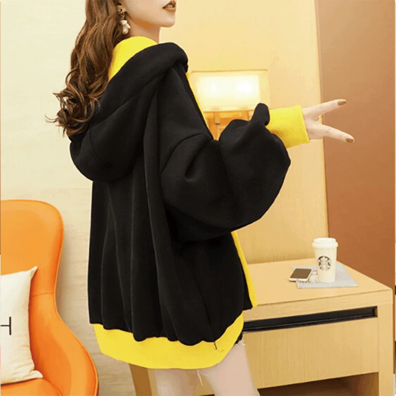 

CN 2021 Korean Hooded Sweatshirts Casual Solid Patchwork Long Sleeve Thick Fleece Hoodies Fashion Oversized Mid Length Hoodie
