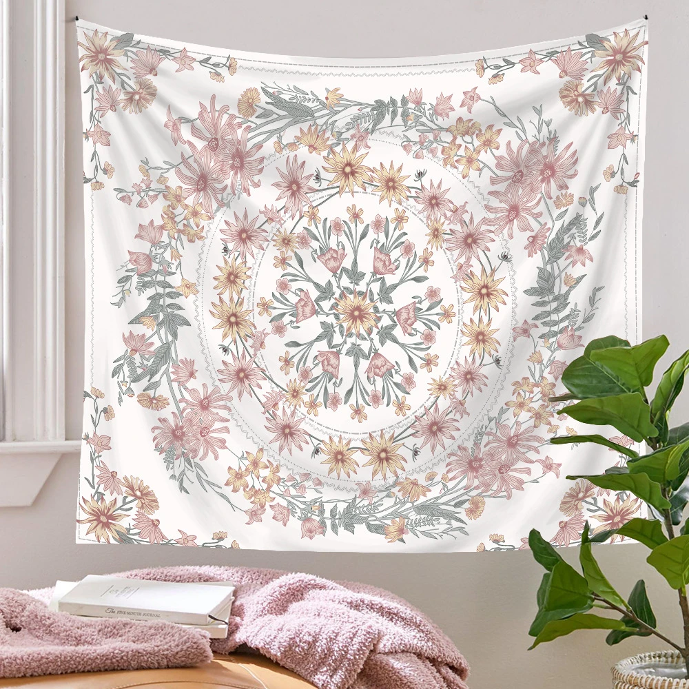 

Mandala Floral Medallion Tapestry, Sketched Flower Plant Boho Wall Hanging, Bohemian Hippie Tapestries for Bedroom Living Room