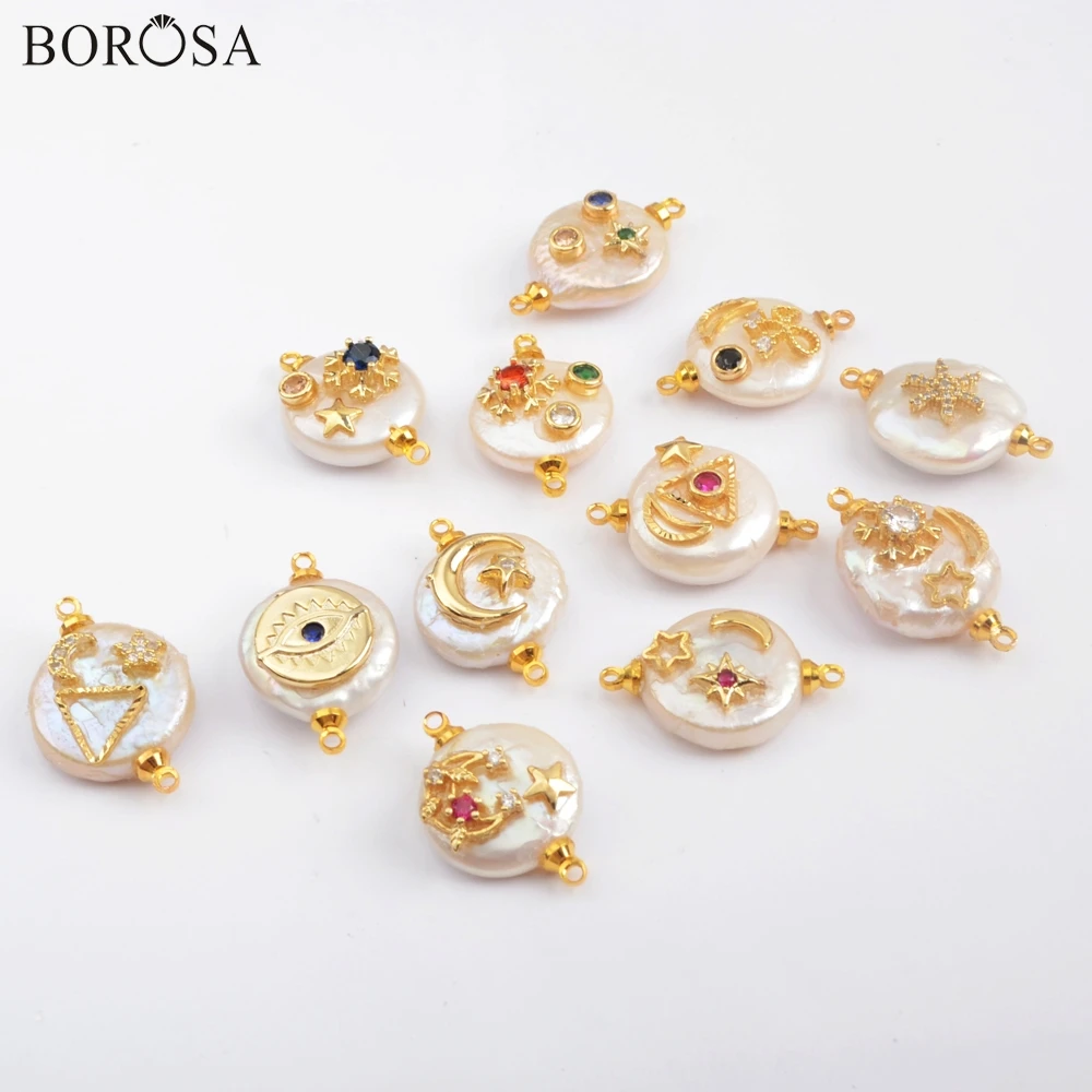 

BOROSA 10 шт. новые золотые натуральные пресноводные жемчужины с множеством коннектор CZ жемчужные бусины с радугой CZ для браслетов ювелирные изделия G1888