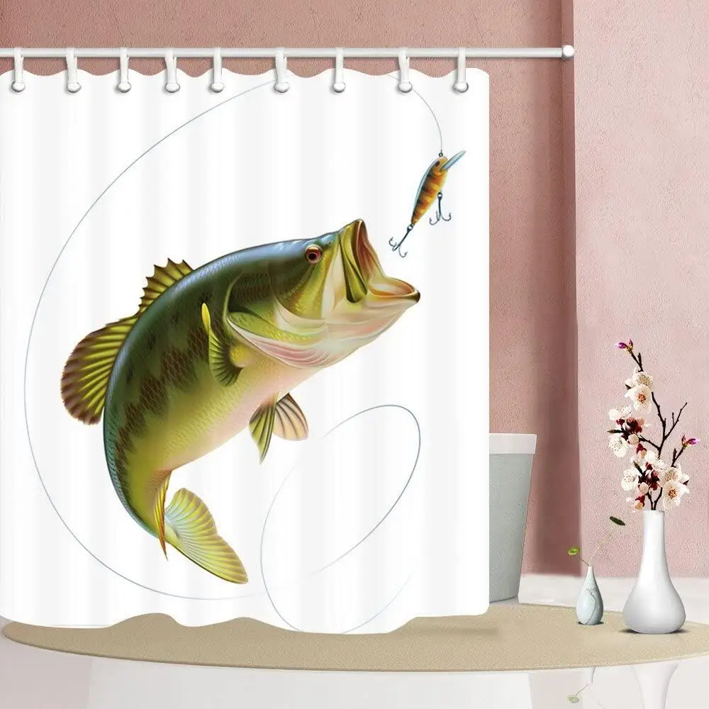 

3D Printed Fishing Shower Curtain,Bait with Fishing Line Eatting Litter Fish,Polyester Fabric Bathroom Decor Bath Curtains Hooks