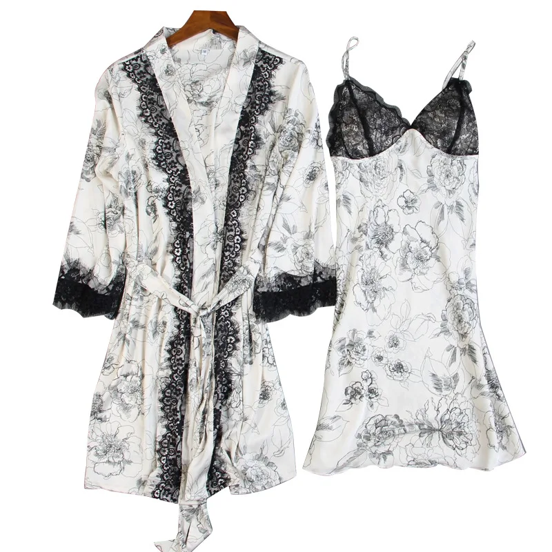 2021 New Ice Silk Drawstring Nightgown Sexy Lace Nightgown Two Piece Women's Home Wear Nightdress Suit Sleepwear Women Set