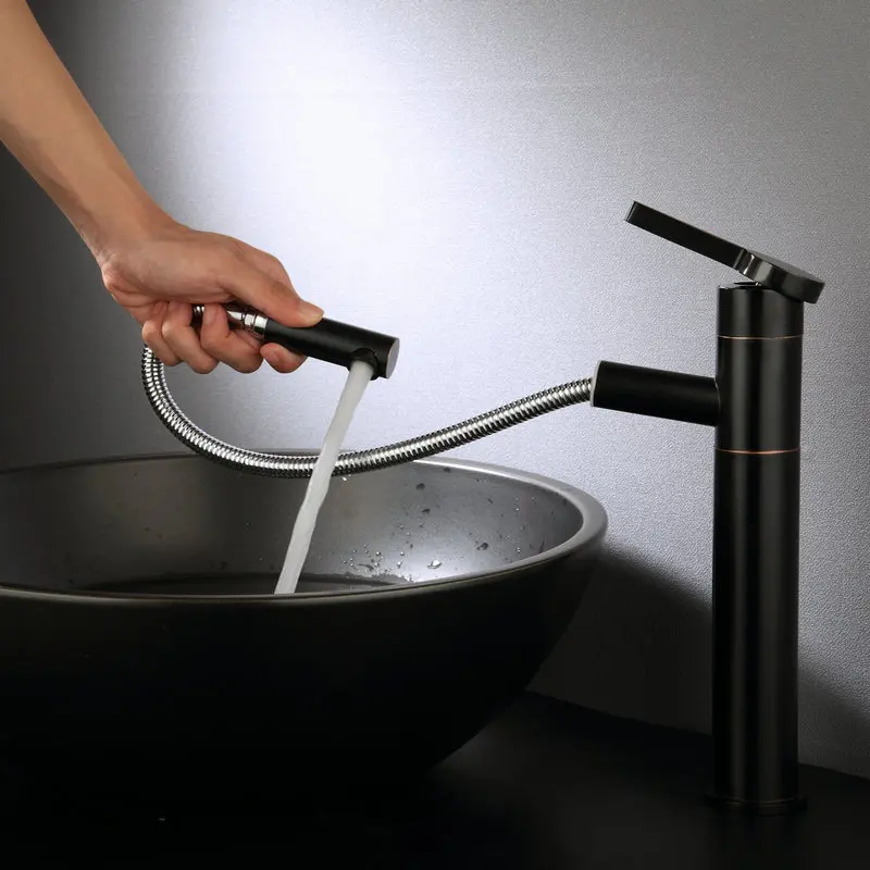 

Lavabo negro de estilo americano, lavabo superior de cobre frío y caliente, grifo para champú retráctil de estilo europeo