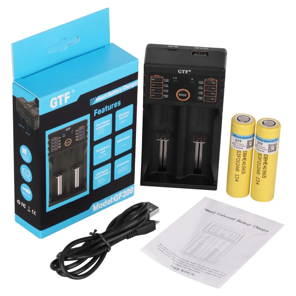 

2 pces 3.7 v 18650 battery he4 2500 mah li-lon rechargeable battery batteries 20a lantern discharge + 1pc battery charger