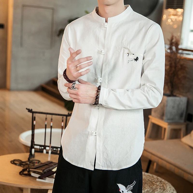 Мужская традиционная китайская одежда костюм танга с вышивкой и журавлем