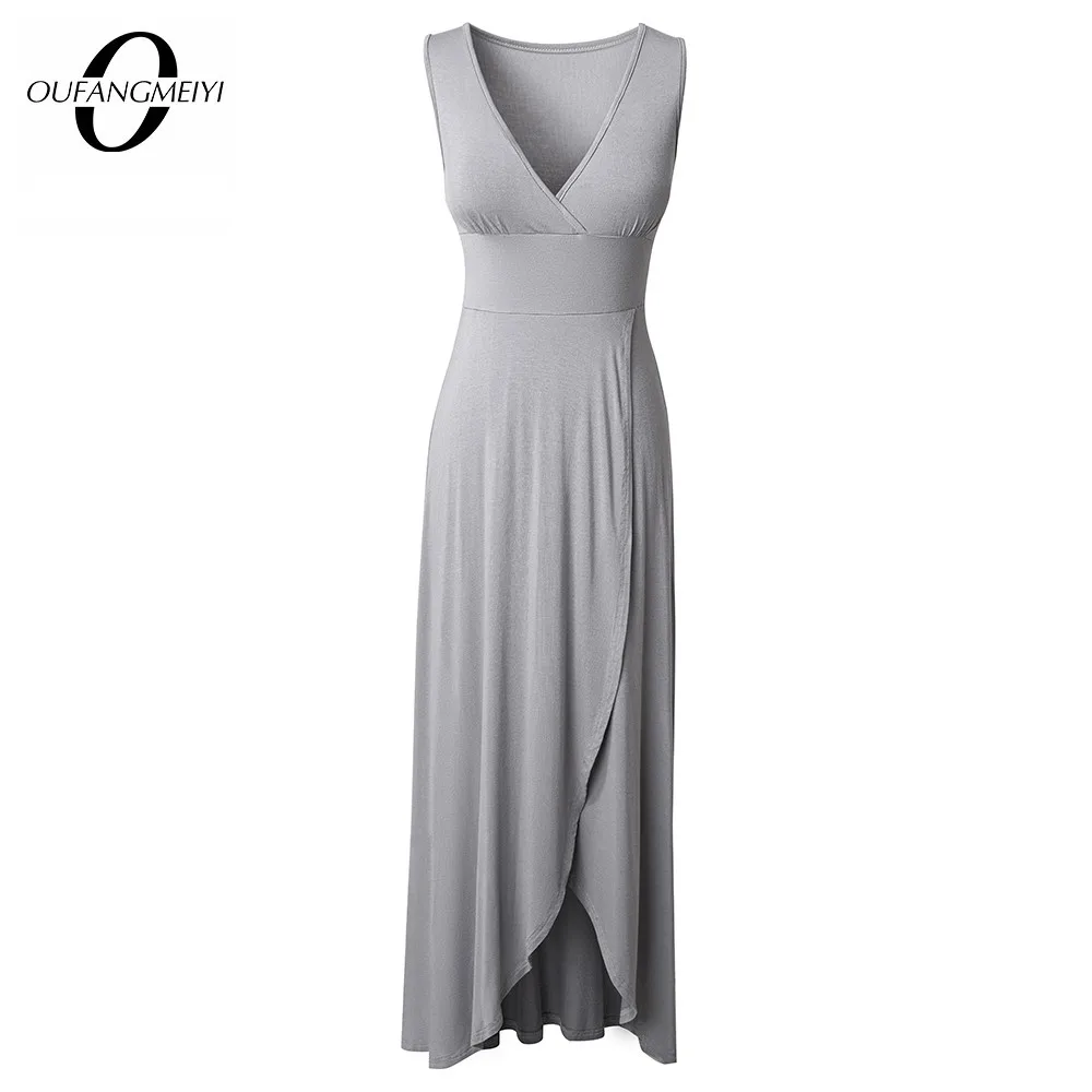 

Women Sexy Elegant Pure Color Sleeveless Low Cut High Waist Flowy Ankle Length Shift Dress EA281