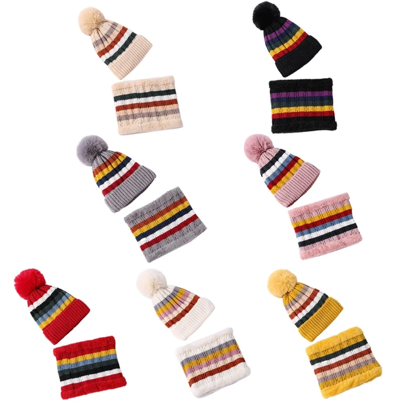 

Womens Winter Knit Beanie Hat Scarf Set Slouchy Thick Faux Fleece Lined Pompom Ski Skull Cap Contrast Color Striped Neck Gaiter