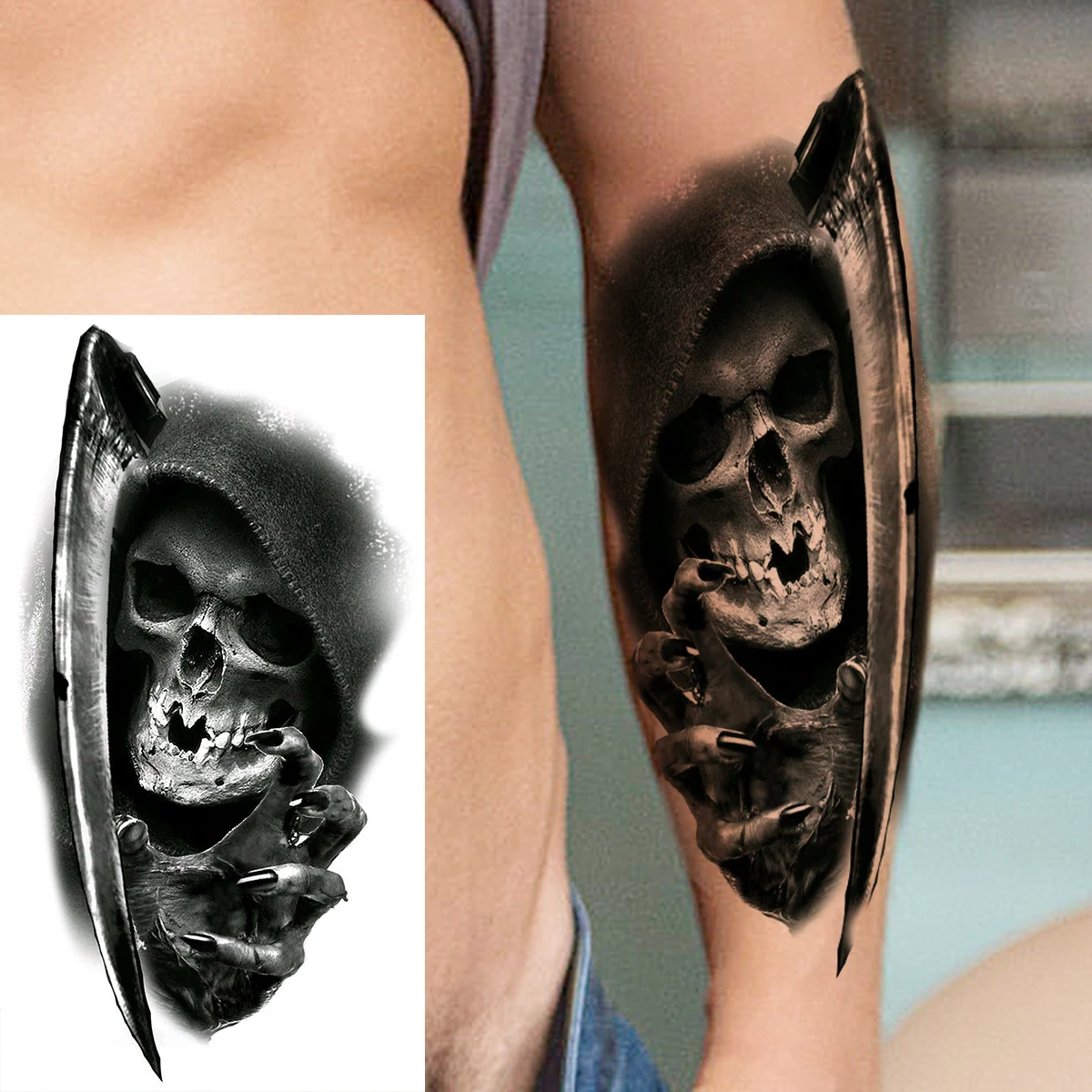 Временные татуировки для мужчин и женщин 3D Черный череп скелет цветок волк Лев