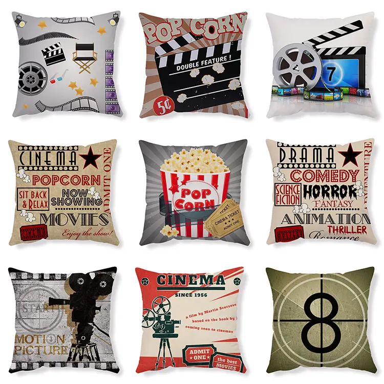 

New Arrival Popcorn Pattern Cotton Linen Square Cushion Cover Home Decor Cinema Printed Pillowcase Decorative Coffee Store Sofa