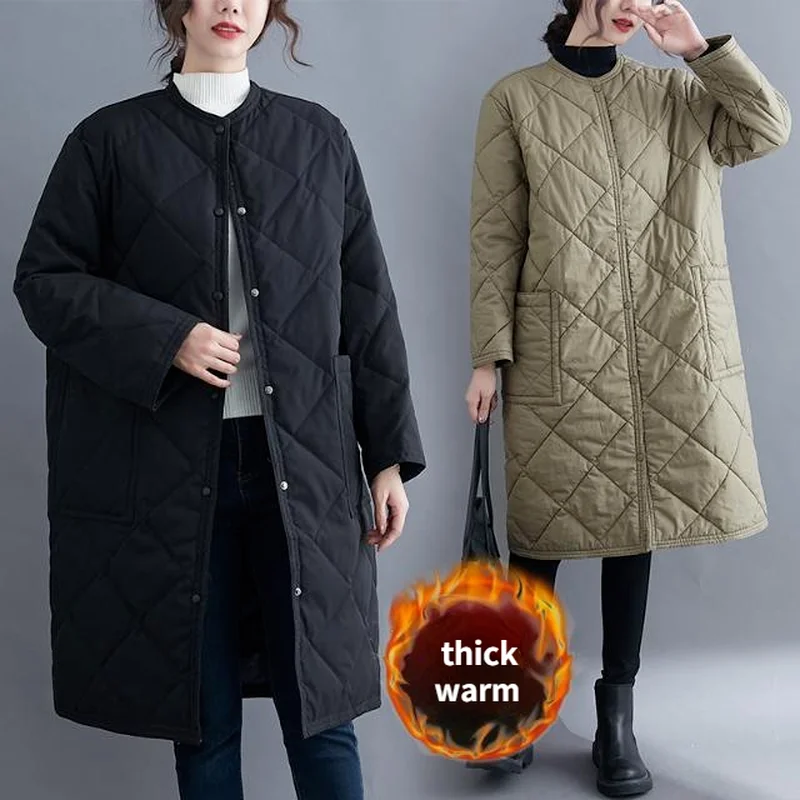

2021 New Women Jacket Parka Diamond Plaid Coat Autumn Winter Casual Long Coats Loose Solid Black Thick Warm Clothing Coat Parkas