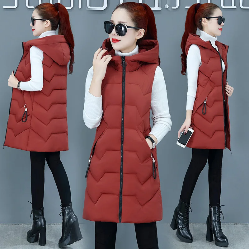 

Women cotton vest hoodie long type 2019 new winter slim big yard down cotton hooded female vest warm