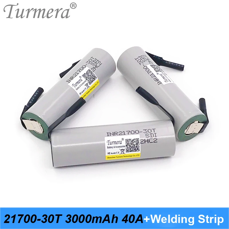 

Turmera INR21700-30T перезаряжаемая литиевая батарея 21700 батарея 3000 мАч 40A с сварочной лентой батарея для электровелосипеда и отвертка