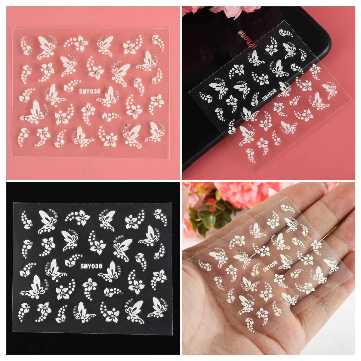 

3D Nail Art Stickers Decals White Sliver Flowers Butterflies Rhinestone