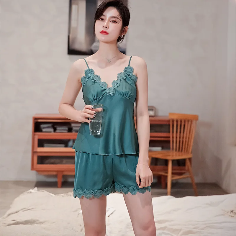 

Lady Solid Print Flower 2PCS Satin Pajamas Set Sweet Backless Strap Top & Shorts Sleepwear 2020 Summer New Loose M-2XL Home Wear