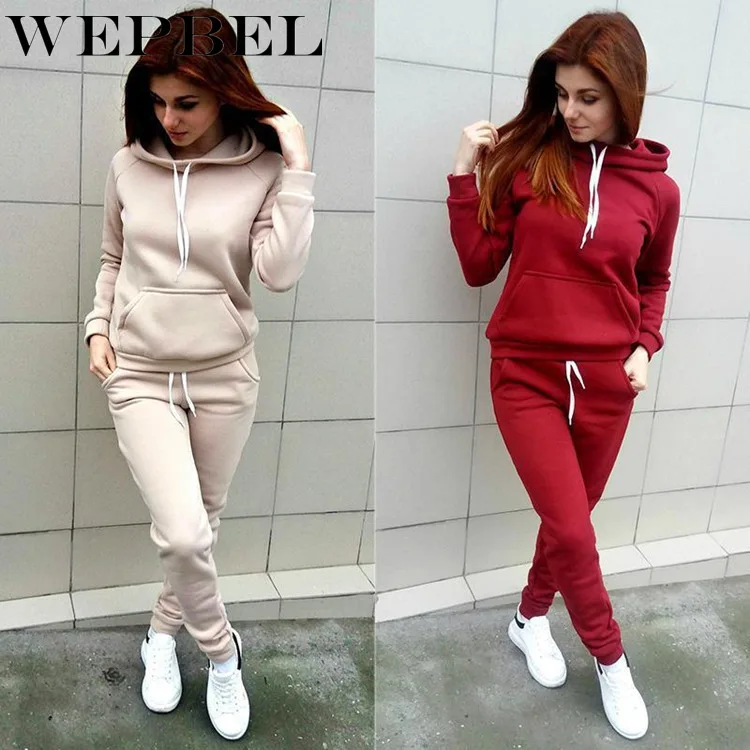 

Женский Повседневный костюм WEPBEL с капюшоном, топ с длинными рукавами и карманами и брюки на шнуровке, осенне-зимний свободный однотонный сп...