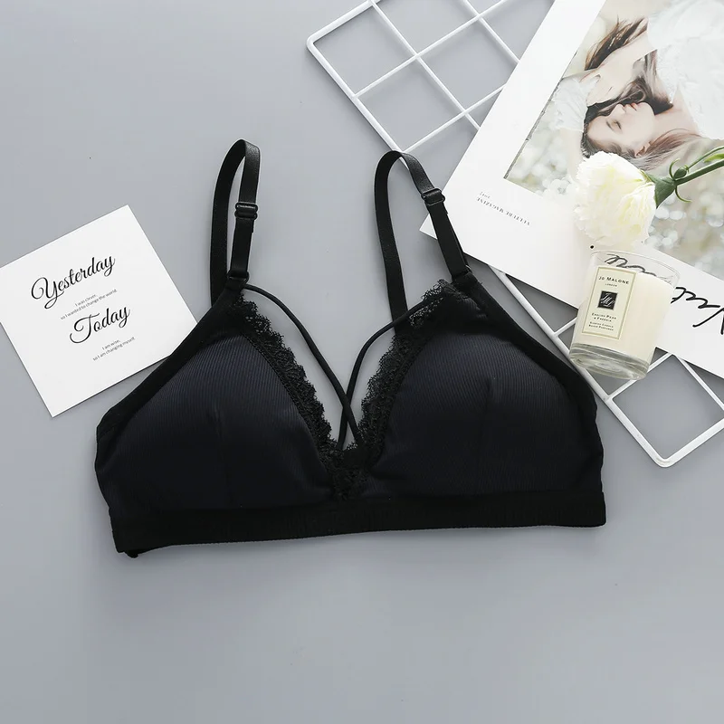 New ice silk thread wrapped chest, sexy lace beauty back no steel ring bra adjustable shoulder strap - Цвет: Black
