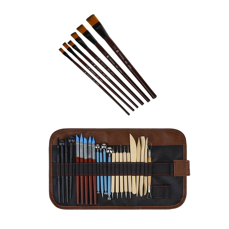

6 Pcs Art Brown Nylon Paint Brushes & 25 Pcs Sculpting Tools with Pouch