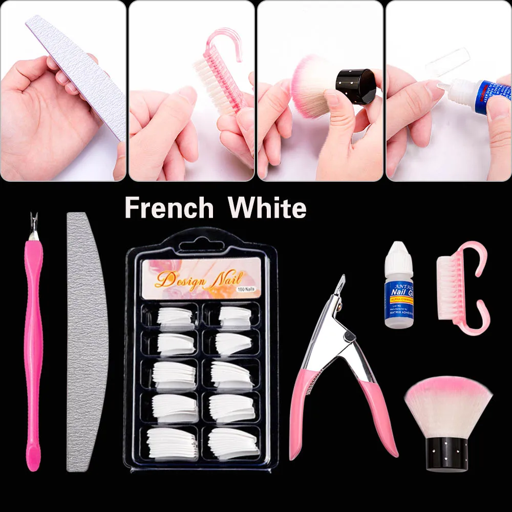 French White Set 100 шт прозрачные/белые/натуральные накладные акриловые французские наконечники и быстросохнущие клеевые инструменты для маникюра - Цвет: French White Set