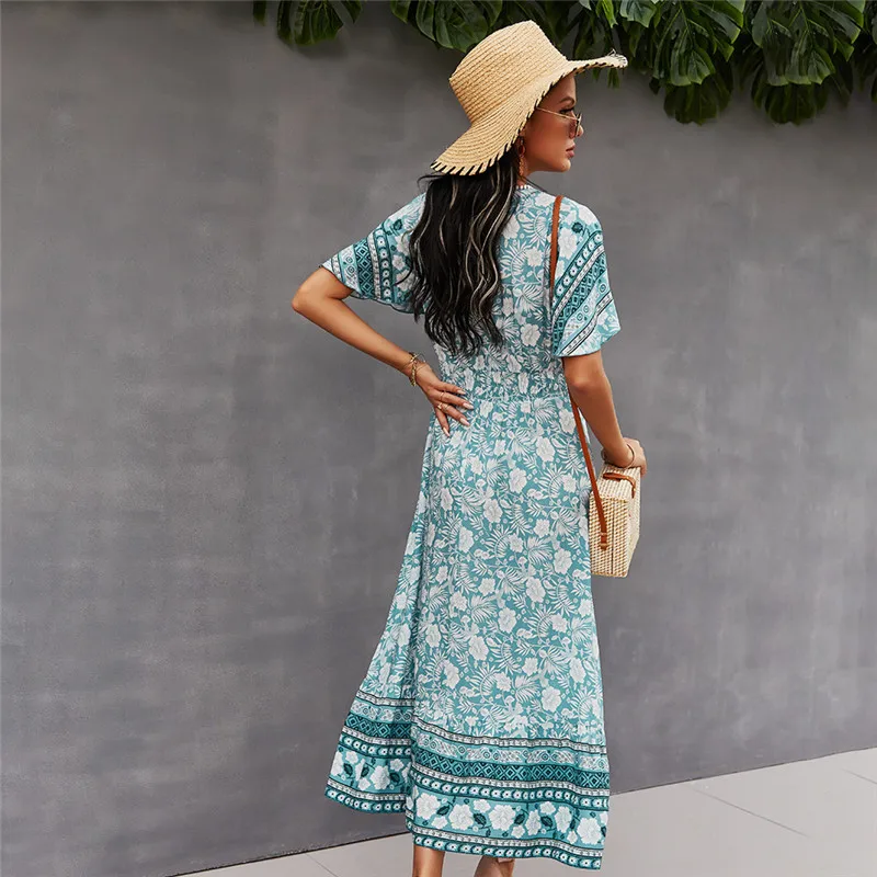 

Spring New Bohemian Floral Dress Women 2021 Casual V Neck Tassel Bandage Print Dress Ladies Holiday Style Summer Dresses