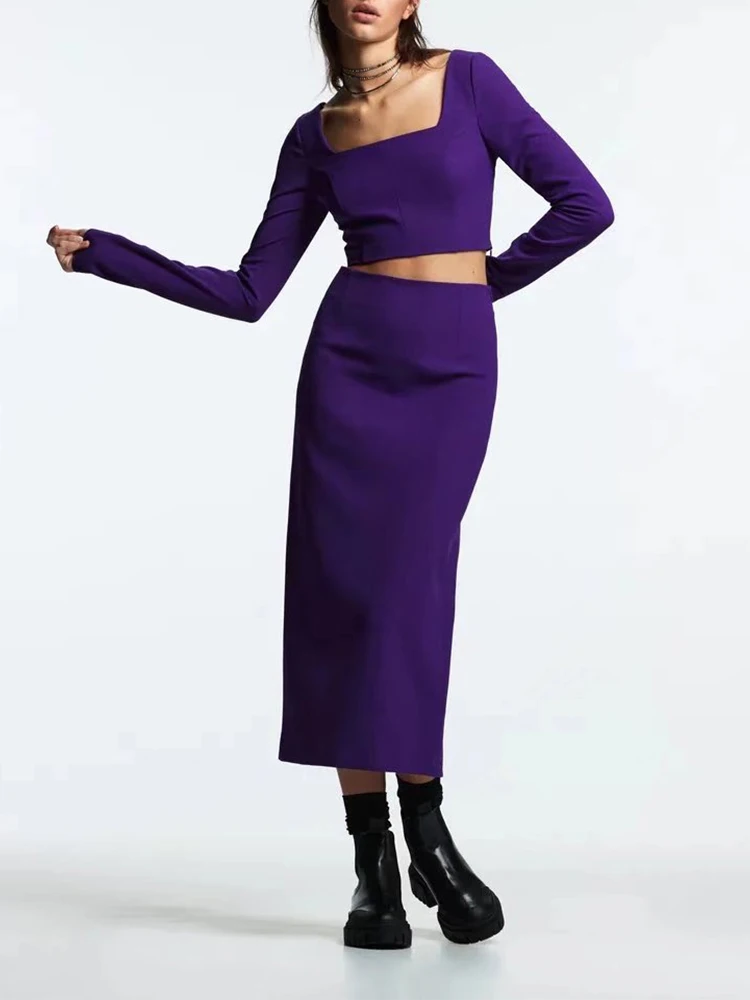 

Женский облегающий Топ ZA, однотонный короткий топ с квадратным вырезом и прямая юбка с разрезом, Осень-зима