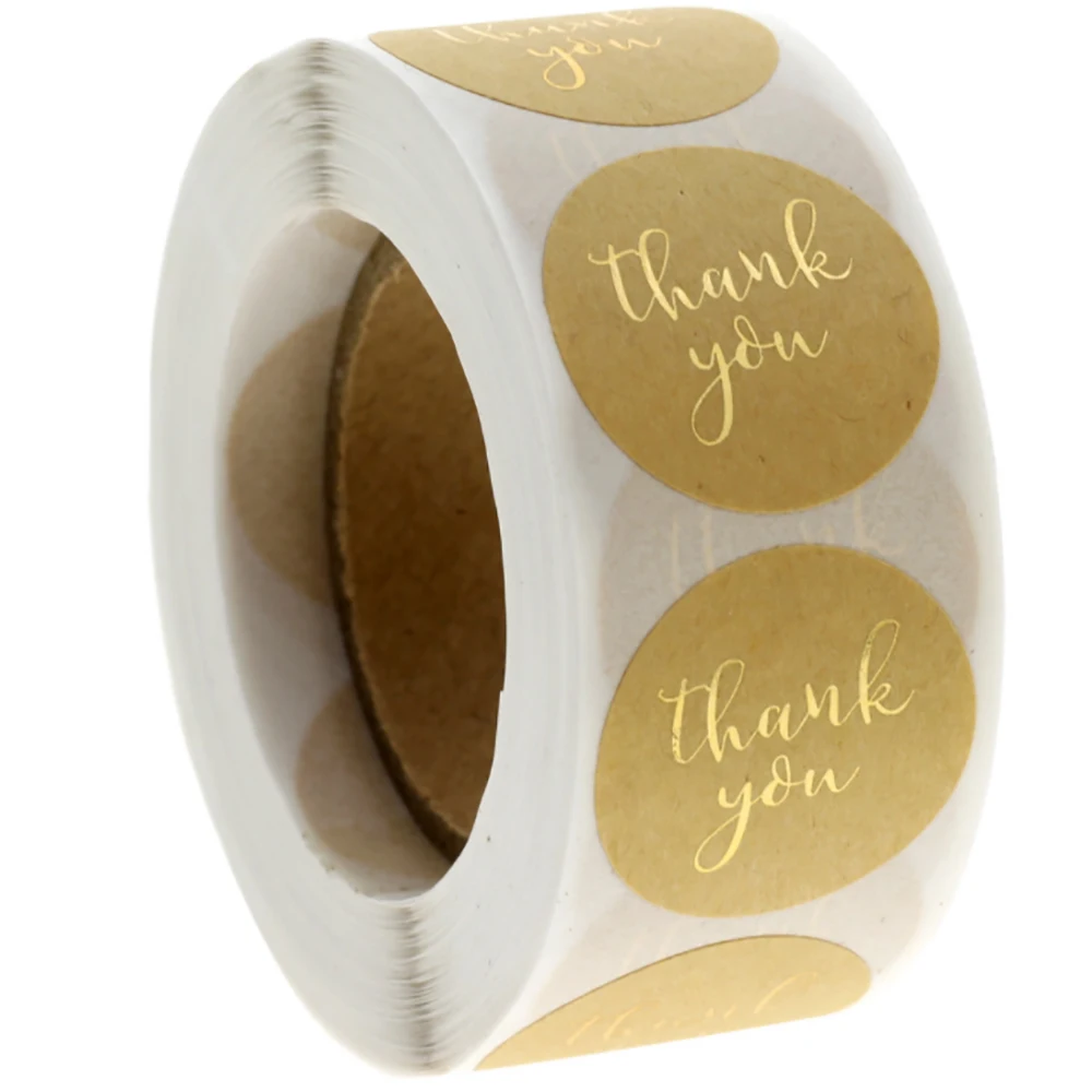 

500pcs/roll Gold Foil Natural Kraft Thank Stickers Labels Paper For Envelope Gift Card Box Scrapbooking Decoration Stickers