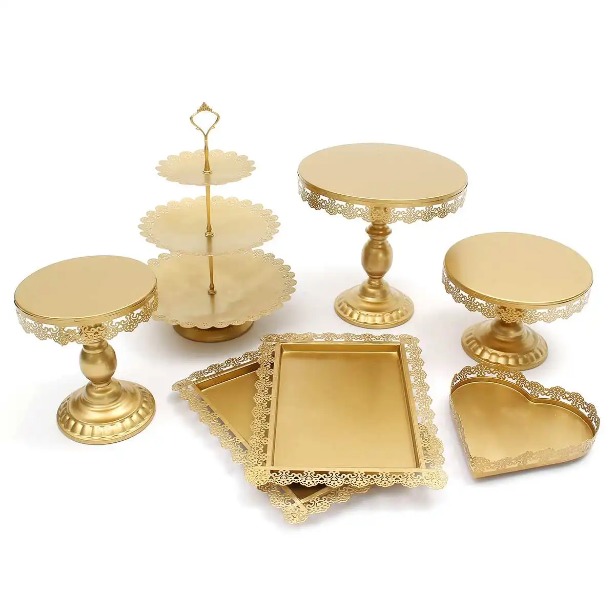 7 Piece Gold White Cake Stand Set Round Metal Crystal Cupcake Dessert Display Pedestal Wedding Party | Дом и сад