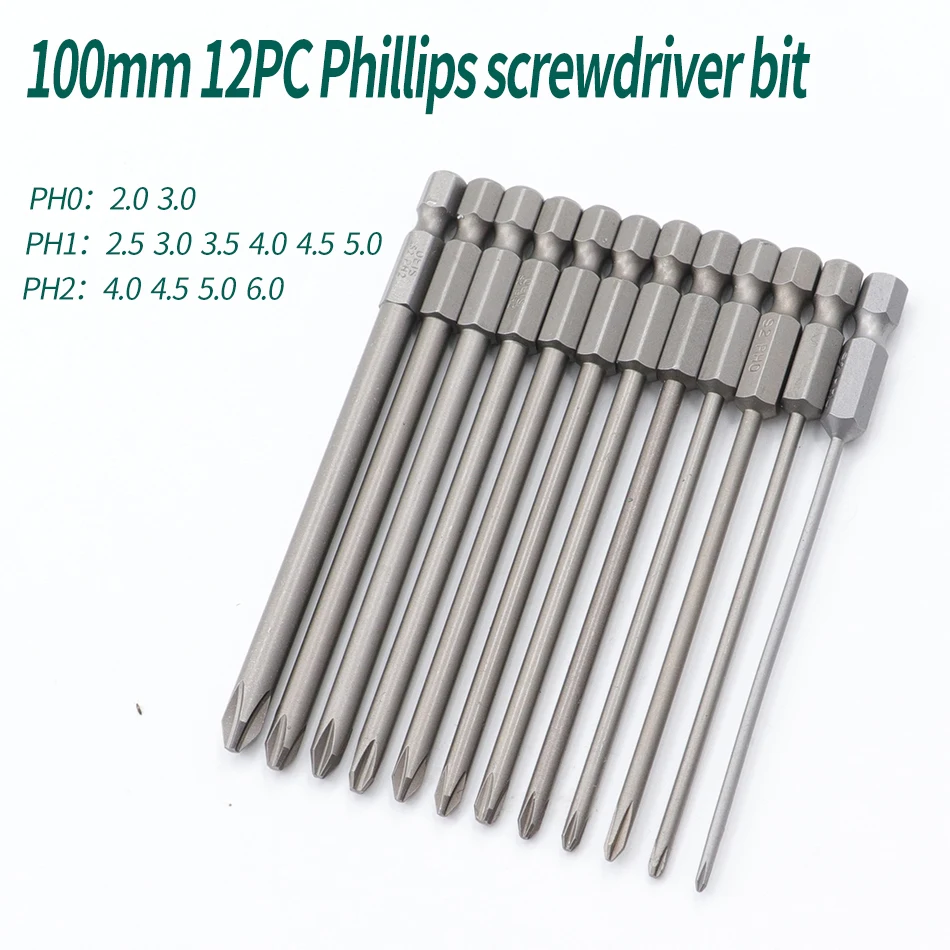 12pcs 100mm Phillips screwdriver bit S2 alloy steel with magnetic screwdriver bit PH0 PH1 PH2