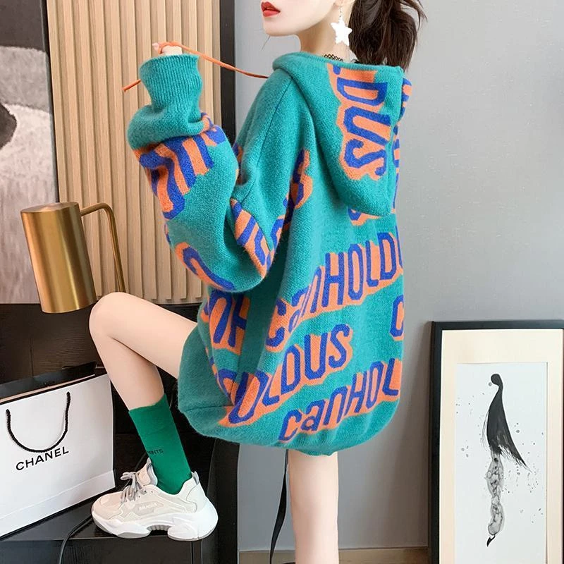

Sweater woman loose outside wearing a medium-length jacket autumn winter 2021 new style wild-matching network red thin knitting
