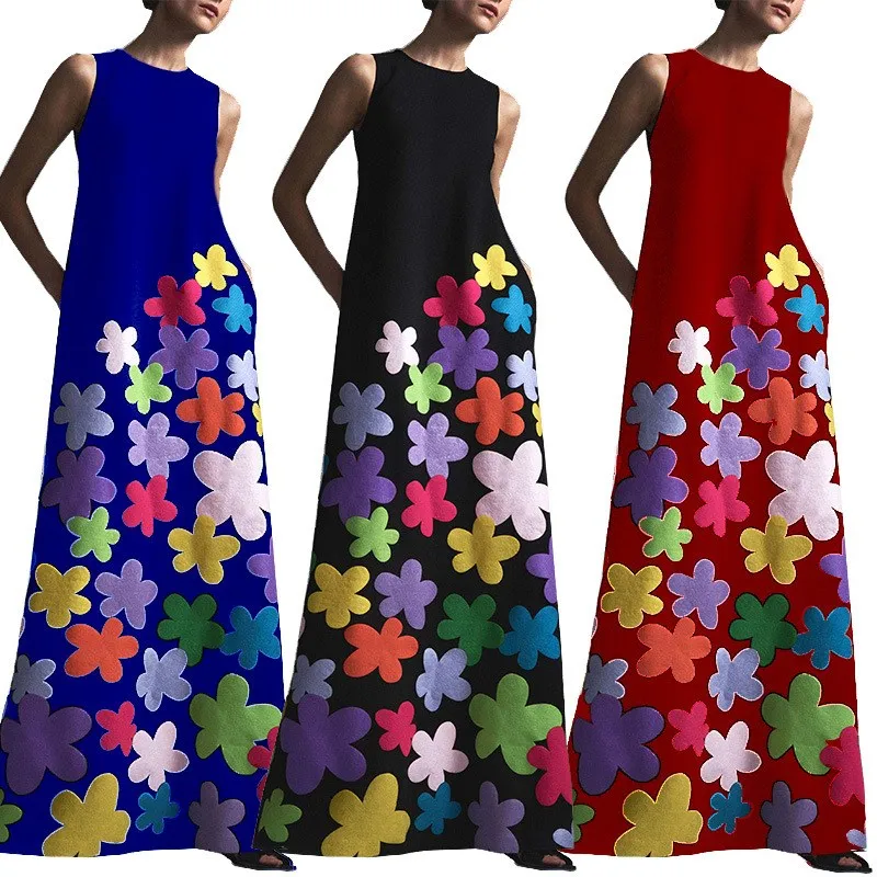 Женское длинное платье с цветочным принтом Пляжное Платье о-вырезом без рукавов |