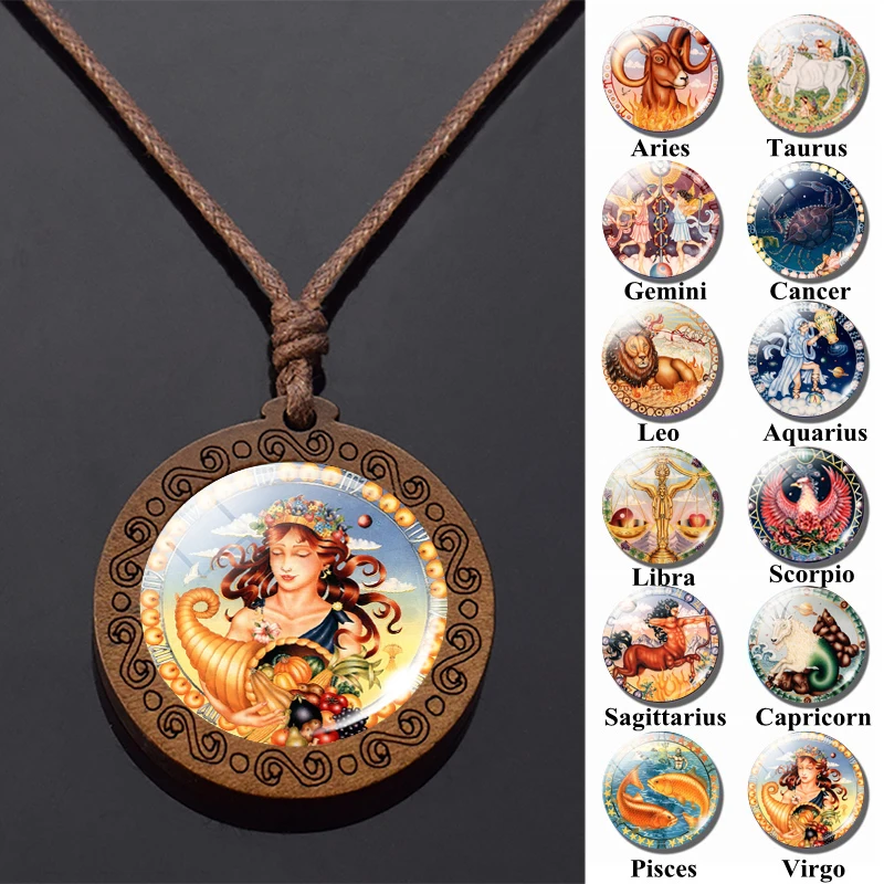 

12 Zodiac Sign Wooden Handmade Pendant Necklace Exquisite Pattern 12 Constellation Chains Necklace for Women Party Vacation Gift