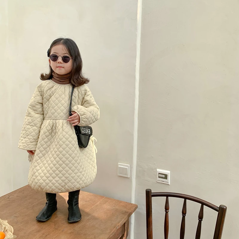 

Winter Autumn Girls Dress Baby Dress Kids Dress Children Vestidos Brand Pocket Geometric Check Cotton Padded Warm 1 To 6 Yrs