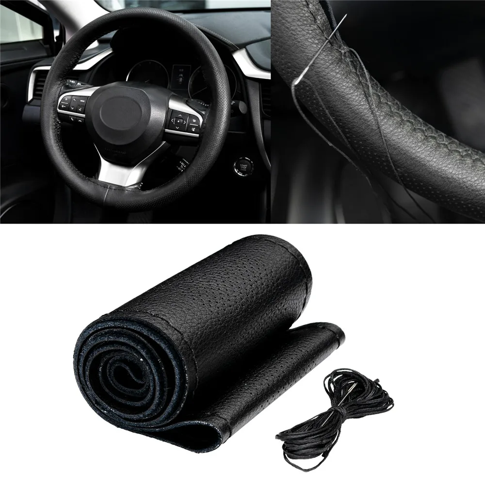 

14.5" to 15" Steering Wheel Cover with Needle Thread DIY Hand Stitching Genuine Cowhide Leather Punched Breathable Car Styling