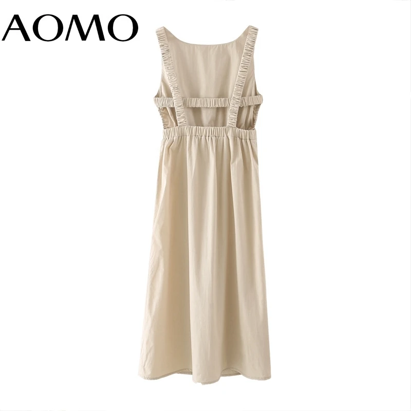 

AOMO Women Solid Backless Pink Midi Dress Strap Adjust Sleeveless 2021 Fashion Lady Beach Dresses Vestido 4T96A