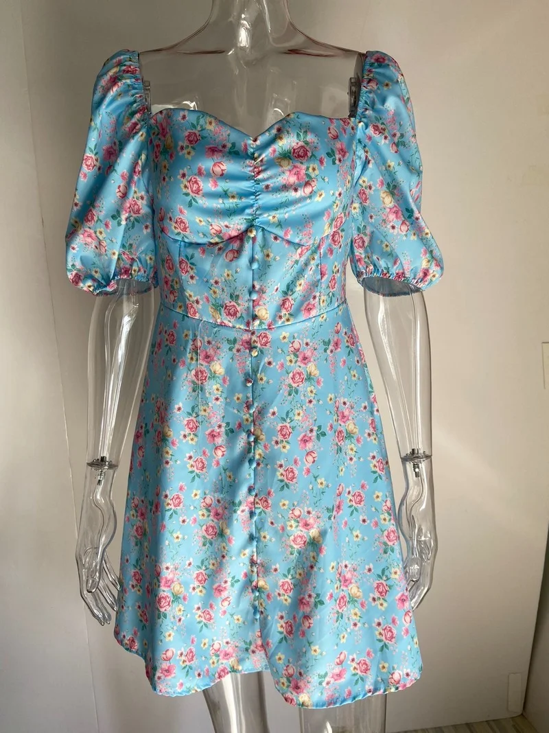 

Woman Clothing Summer Ladies Dress European and American Style Sexy Sky Blue Floral Wrap Chest Lantern Sleeve Waist Skirt WE277