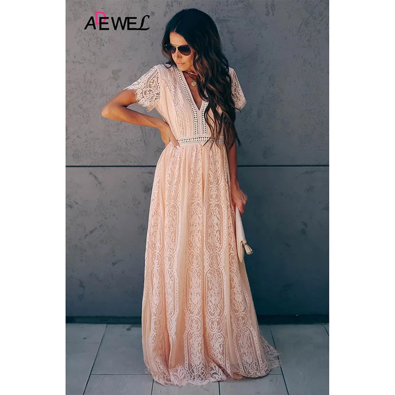 Женское кружевное платье-макси ADEWEL белое ажурное праздничное платье с длинным