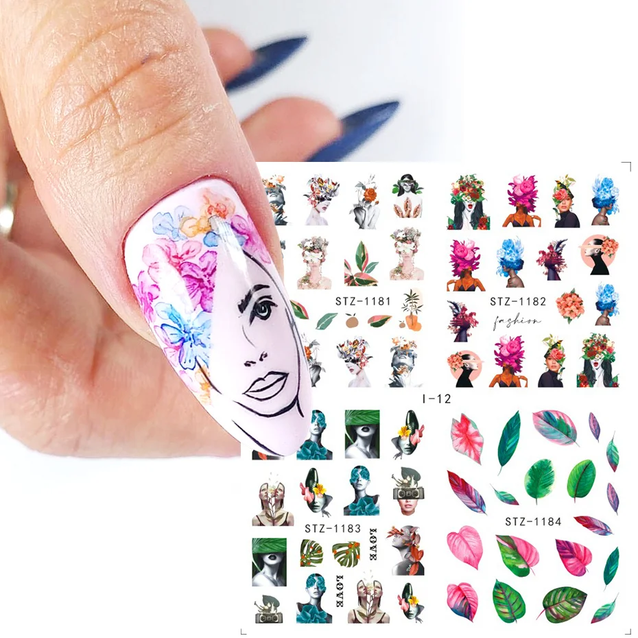 

4 in 1 Modern Women Flower Nails Sticker Slider Letter Leaf Face Water Transfer Decal Foil for Inspiration Nail Art LAI01-19