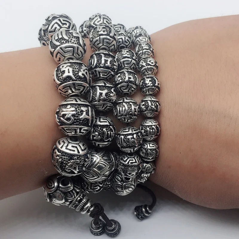Ретро винтажный тибетский серебряный буддизм браслет с мантрой мужской амулет