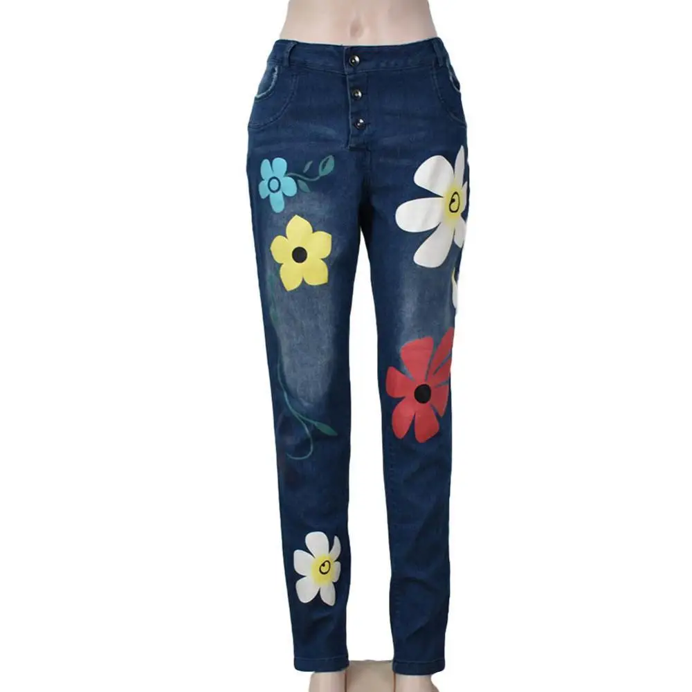 

Women Jeans Fashion Studs Middle Waist Stretchy Flower print Jeans Denim double pockets Casual Trousers Women Jeans 2021