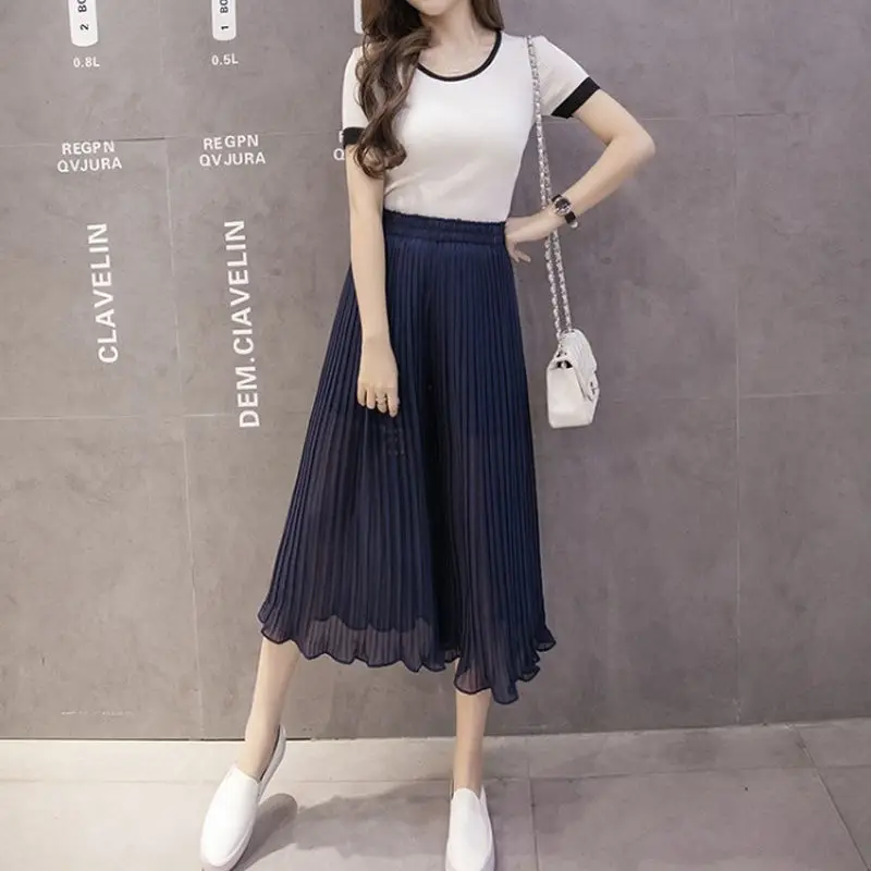 

Pleated Chiffon Wide Leg Pants Womens Spring Summer New Capris Thin High Waist Casual Pants Skirt Clothes Long Skirts Plus Size