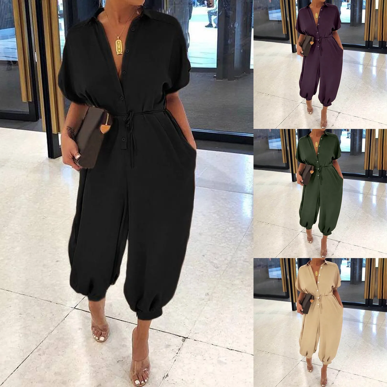 

Fashion Summer Jumpsuit Women Woman's Solid Color Short Sleeve Button Rompers Trousers Casual Fashion combinaison femme