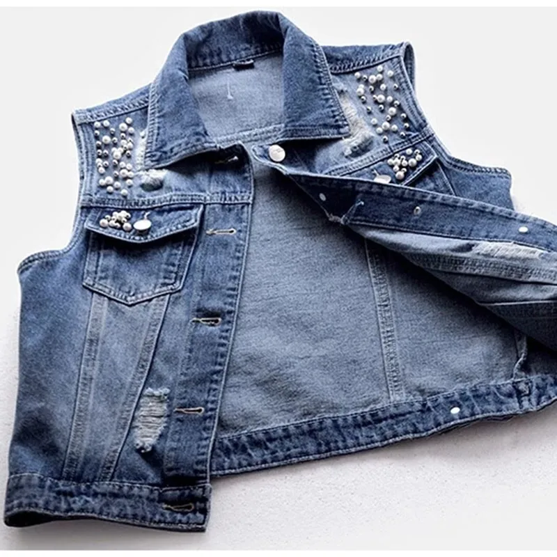  Sleeveless Women Vest 2021 New Summer Denim Waistcoat Fashion Casual Short Jeans Jacket Beaded Holes Slim Jeans Coat