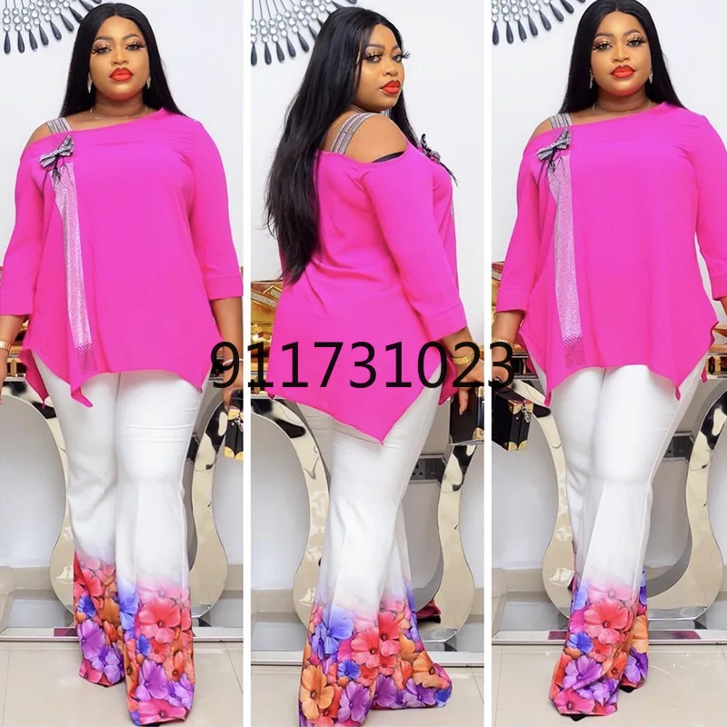 2021 Африканские женщины с длинным рукавом розовый синий комплект из двух частей