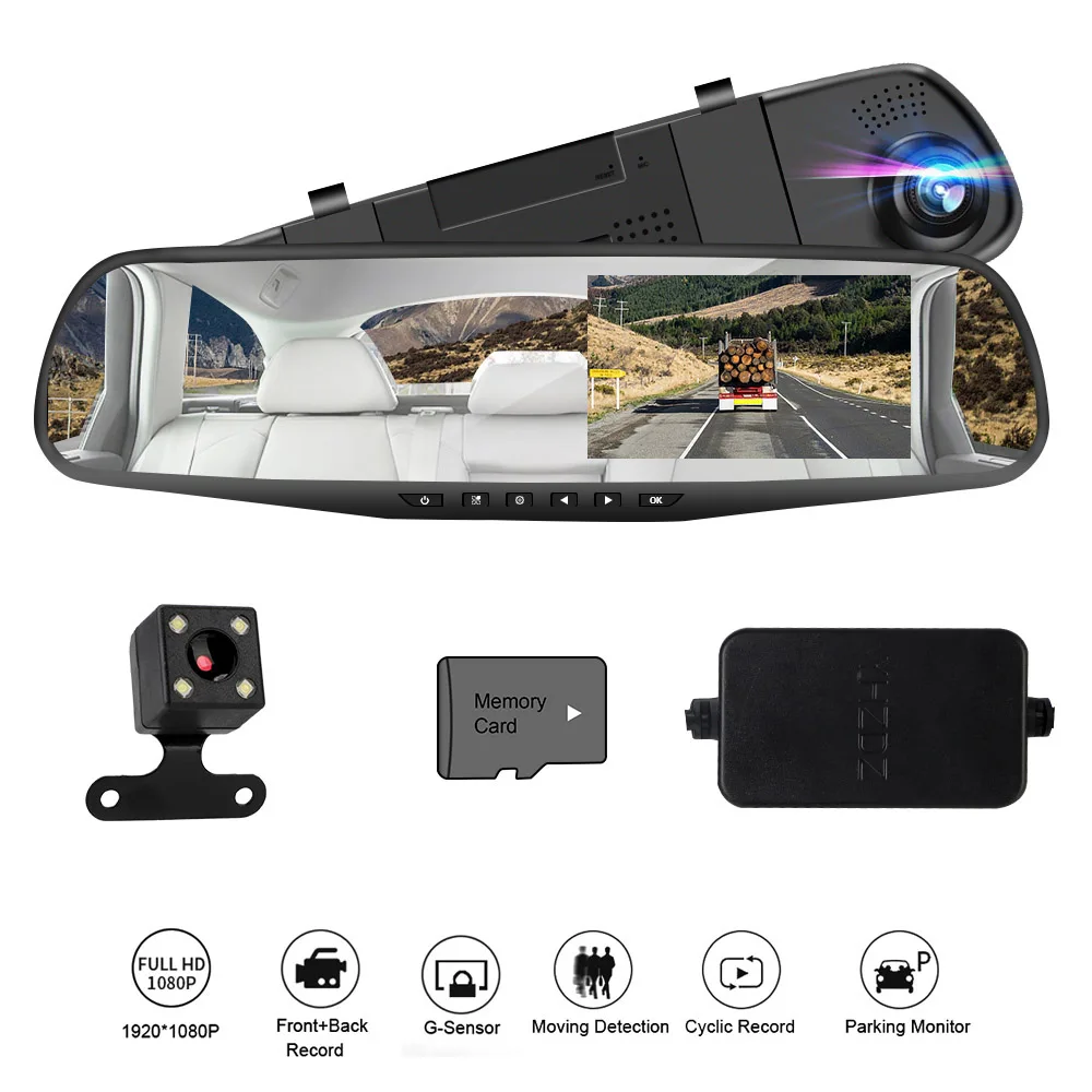 Reversing Image Auto Registrator 4.3 Inch Dash Cam Dashcam Video Recorder Dual Lens Rear View Mirror Camera Car DVR Buck Line