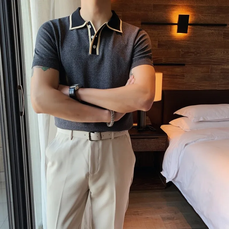 

Mens Short Sleeve Tees Tops Smart Casual New Summer Slim Fit Knitted T Shirt Solid Color Business Office Men Pullover T Shirts