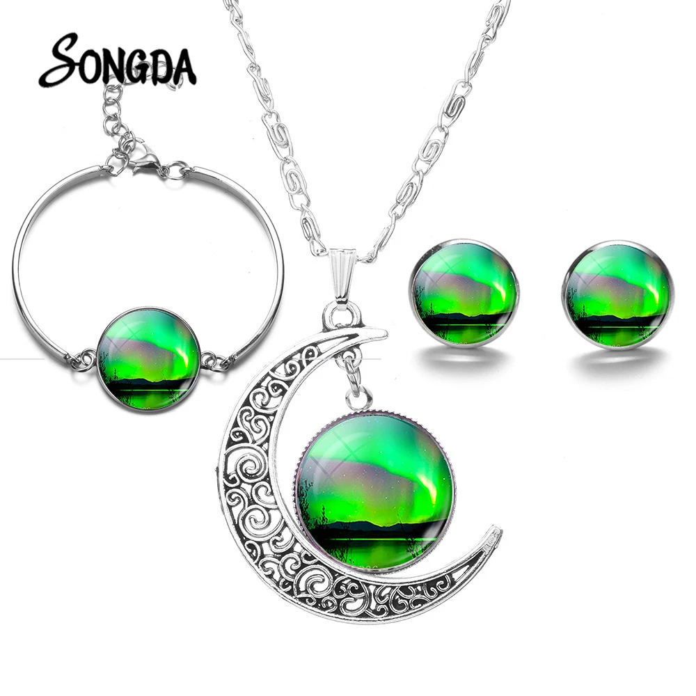 Зеленый северное сияние Ювелирные наборы Шарм Aurora Borealis художественное стекло