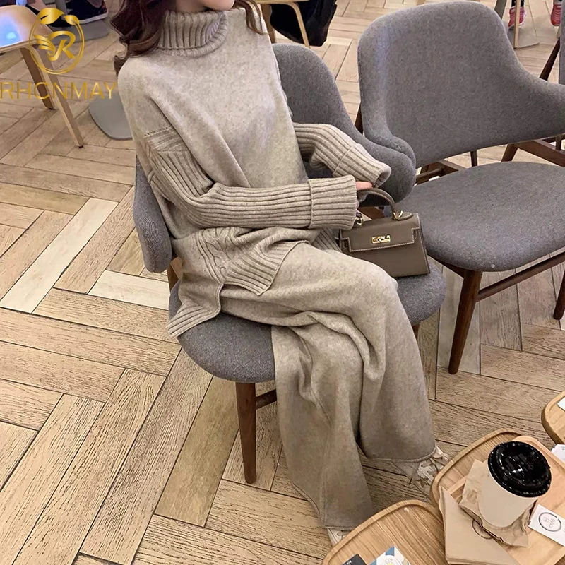 

Winter Knitted Sweat Suits Women Sets Tracksuit Long Sleeve + Wide-legged Pants Turtleneck Sweater Set Two Piece Outfits