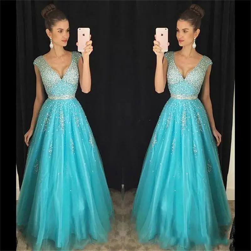 

Alexzendra V Neck Long Prom Dresses Cap Sleeves Beaded Belt Tulle Party Dress Evening Dresses Plus Size
