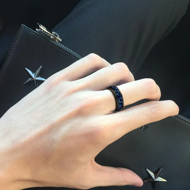 ELSEMODE Punk 8mm Spinner Chain Men Rotatable Ring Black Blue Stainless Steel Cool Jewelry Party Gift Anel | Украшения и