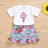 vogueon new fashion children sets summer ice cream t shirt floral skirts 2pcs kids suit pompom tops girls clothing for 1 6 years