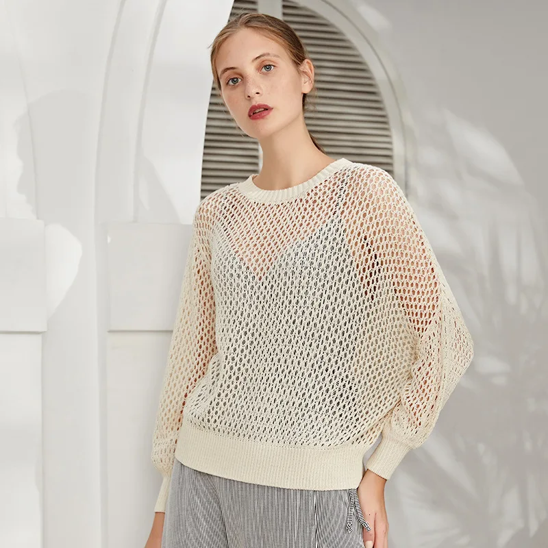 

2019 Early autumn o-neck pullover hollow out sweater women long sleeve loose wild sweater women 8482